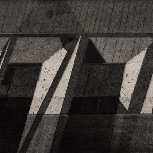 A grayscale printed image of angled planes evoking architectural shapes in shades of gray
