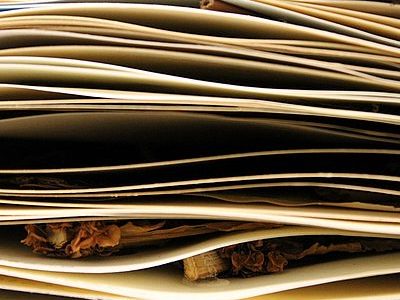 A photo taken from the side of a stack of paper with natural materials layered in between.