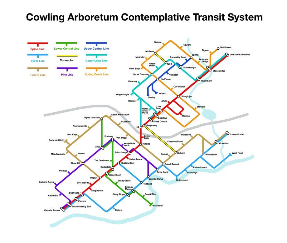 What initially appears to be a colorful transit map, turns out to be a map of special locations in the Arboretum