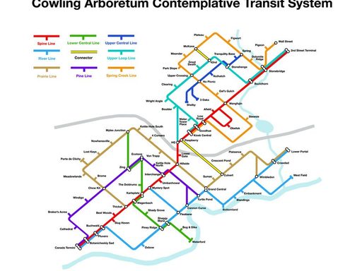 What initially appears to be a colorful transit map, turns out to be a map of special locations in the Arboretum
