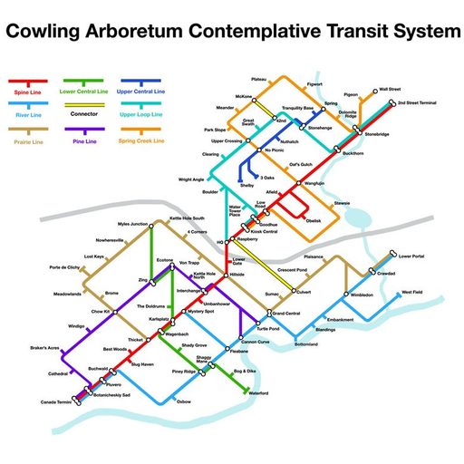 What initially appears to be a colorful transit map, turns out to be a map of special locations in the Arboretum