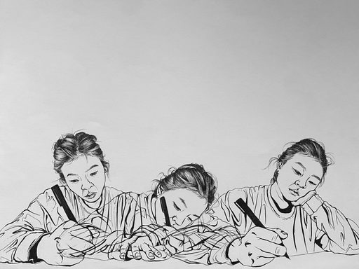 Black and white image of pen drawing that depicts overlapping self-portraits of Grace drawing with a pen.
