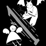 A simple, black and white drawing of a cartoon angel and devil. Behind them is written the number 1.