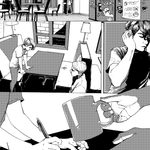A black and white comic page depicting a character entering a cafe, sitting at a booth, and receiving a drink.