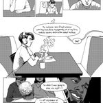 Alt Text: A black and white comic page depicting a character burning their tongue on a drink, and then overhearing a stranger's conversation. The stranger's dialogue reads: 