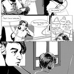 A black and white comic page depicting a character talking while sipping a drink, then a second character looking on, putting on headphones, and turning away. The dialogue reads: 