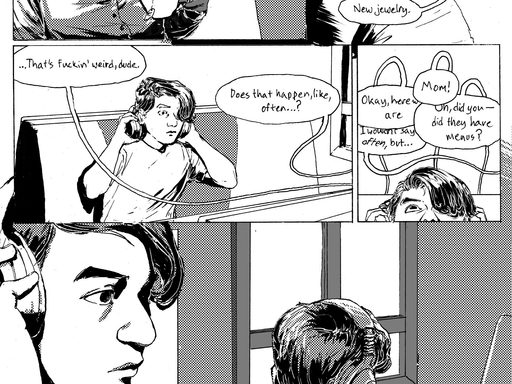 A black and white comic page depicting a character talking while sipping a drink, then a second character looking on, putting on headphones, and turning away. The dialogue reads: 