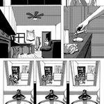 A black and white comic page showing a character leaving a cafe, returning home to an apartment, then brushing their teeth.
