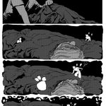 A black and white comic page depicting a character going into bed. The small cartoon angel and devil emerge from the folds of the blanket and then begin braiding the character's hair.
