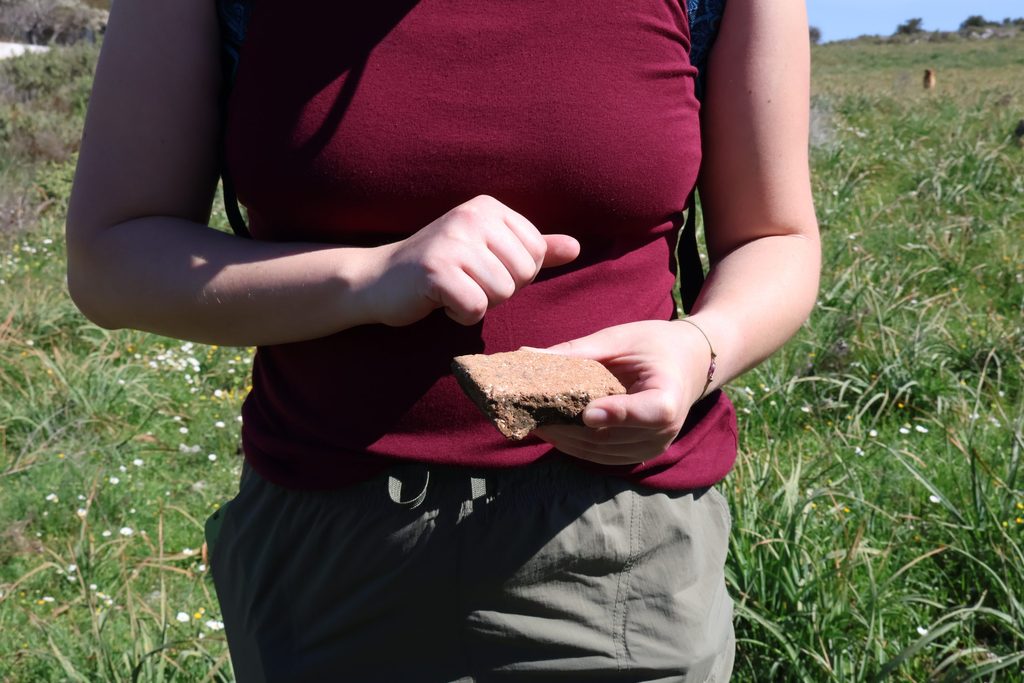 MJ holds (what might be) part of a roof tile