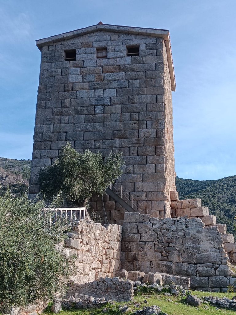 A fully reconstructed tower at the Aigosthena fortress.