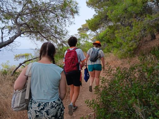 Three students walk on an island.