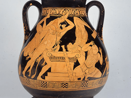 A red-figure pot depicting Heracles fighting priests who are trying to sacrifice him