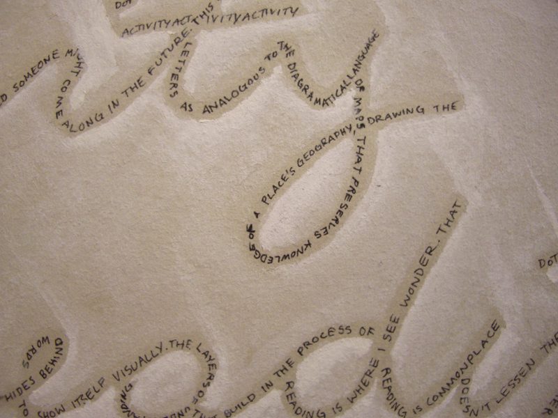 Print featuring swirling paths of text