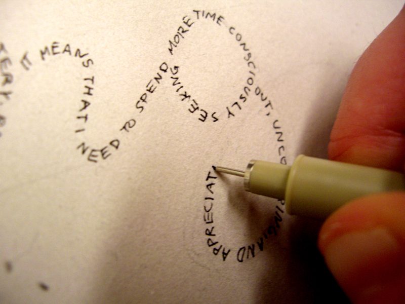 Closeup of a pen drawing swirling paths of text