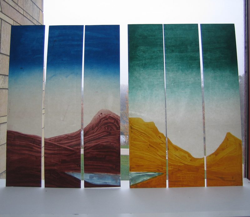 colorful painting of a mountain landscape, spread across six individual panels