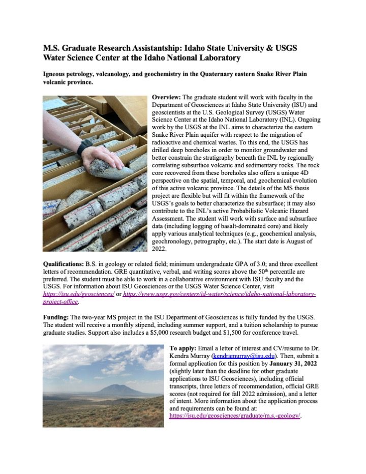 Poster for the MS Research Assistantship in igneous petrology at ISU