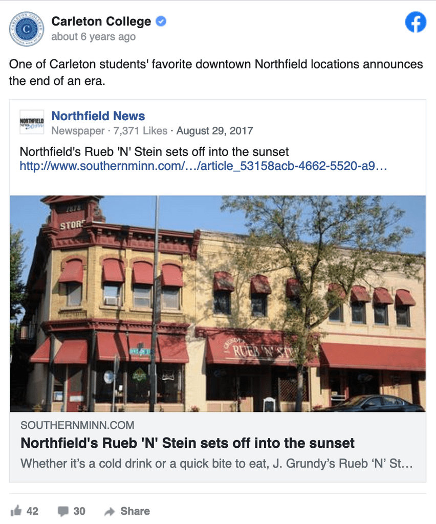screenshot of a Facebook post about the closing of Northfield's Rueb 'N' Stein restaurant & bar