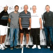 Bob Allcorn ’69 (center) with tennis stars James Blake, Pete Sampras, John McEnroe, and Jim Courier.