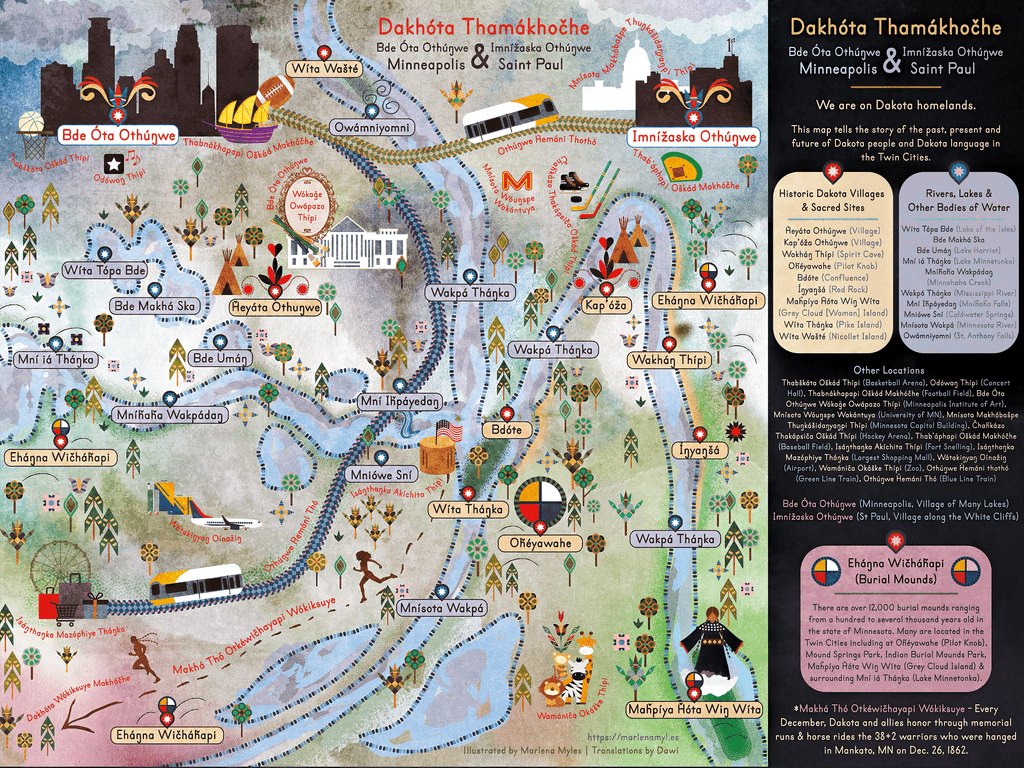 Map of the past, present, and future of Dakota people and language in the Twin Cities