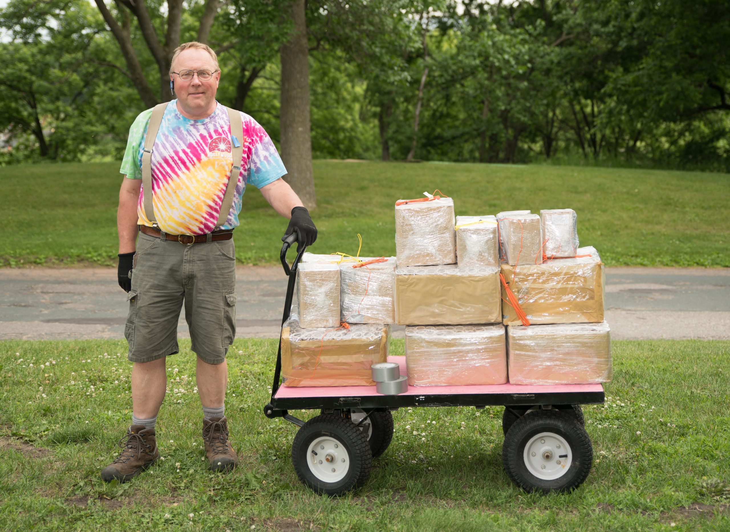 Bert Rowe and a cart full of fireworks