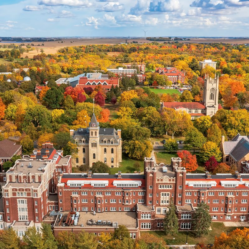 Aerial view of the Carleton campus on a perfect autumn day