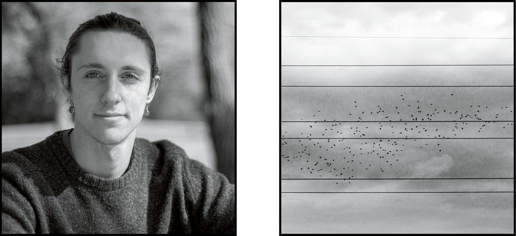 A black & white portrait of Julian White-Davis ’23 alongside a photo he shot of a flock of birds behind horizontal power lines