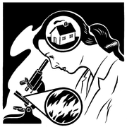 Illustration of a woman in a lab coat looking through a microscope