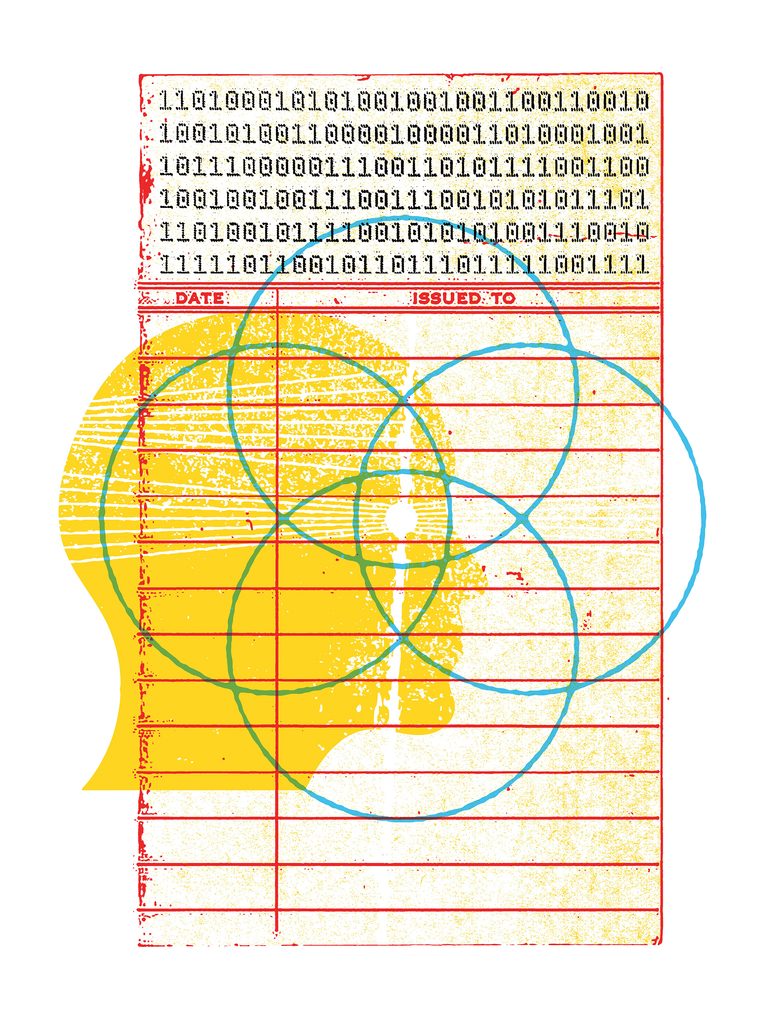 Collage illustration of a library card overlaid with digital code, a human head in profile, and rings of overlapping circles