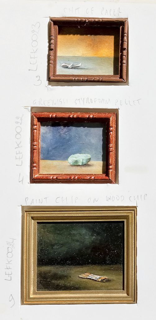 framed tiny paintings of common objects (a chit of paper, a styrofoam pellet, a paint chip) presented at their actual size