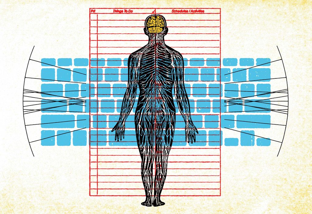 Collage illustration of human figure, a computer keyboard, and a to-do list
