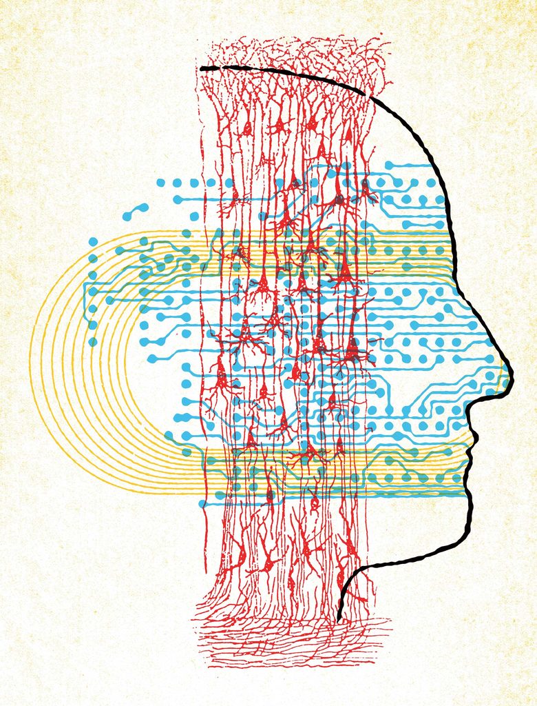 Illustration of the profile of a human face, overlaid with circuits and synapses