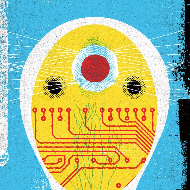 Illustration of circuits and a fingerprint overlaid on a humanoid shape