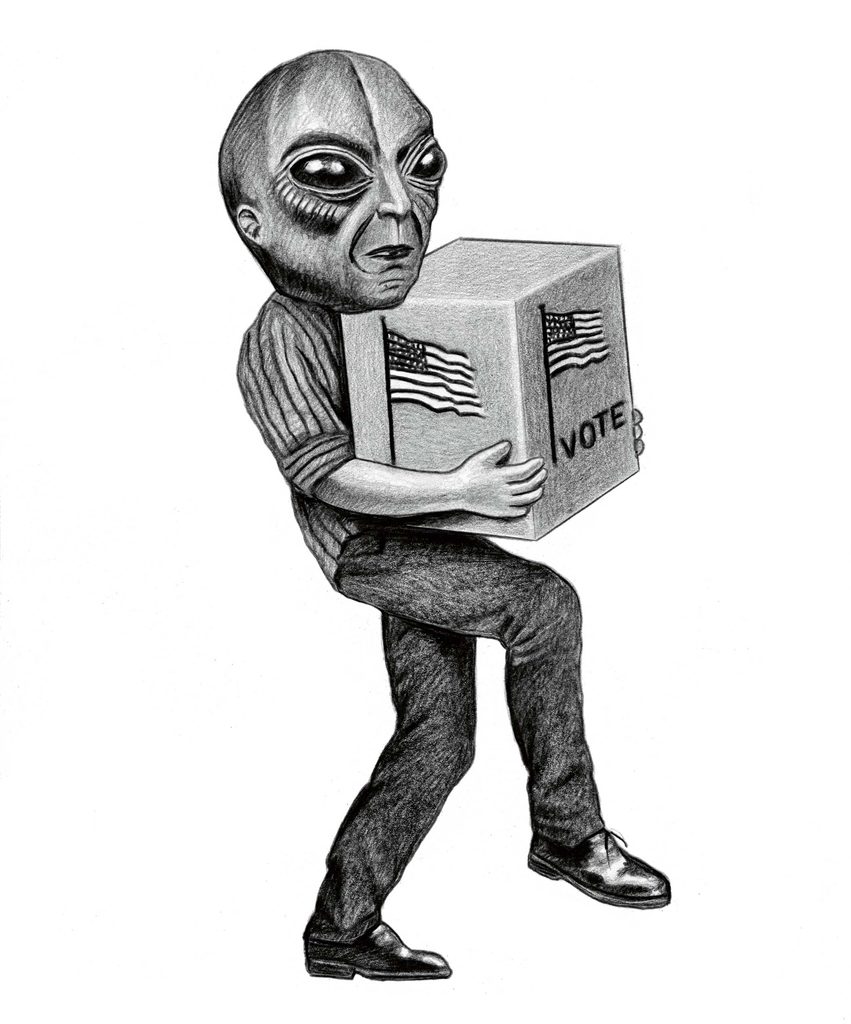 black and white illustration of an alien head on a human body carrying a voting box
