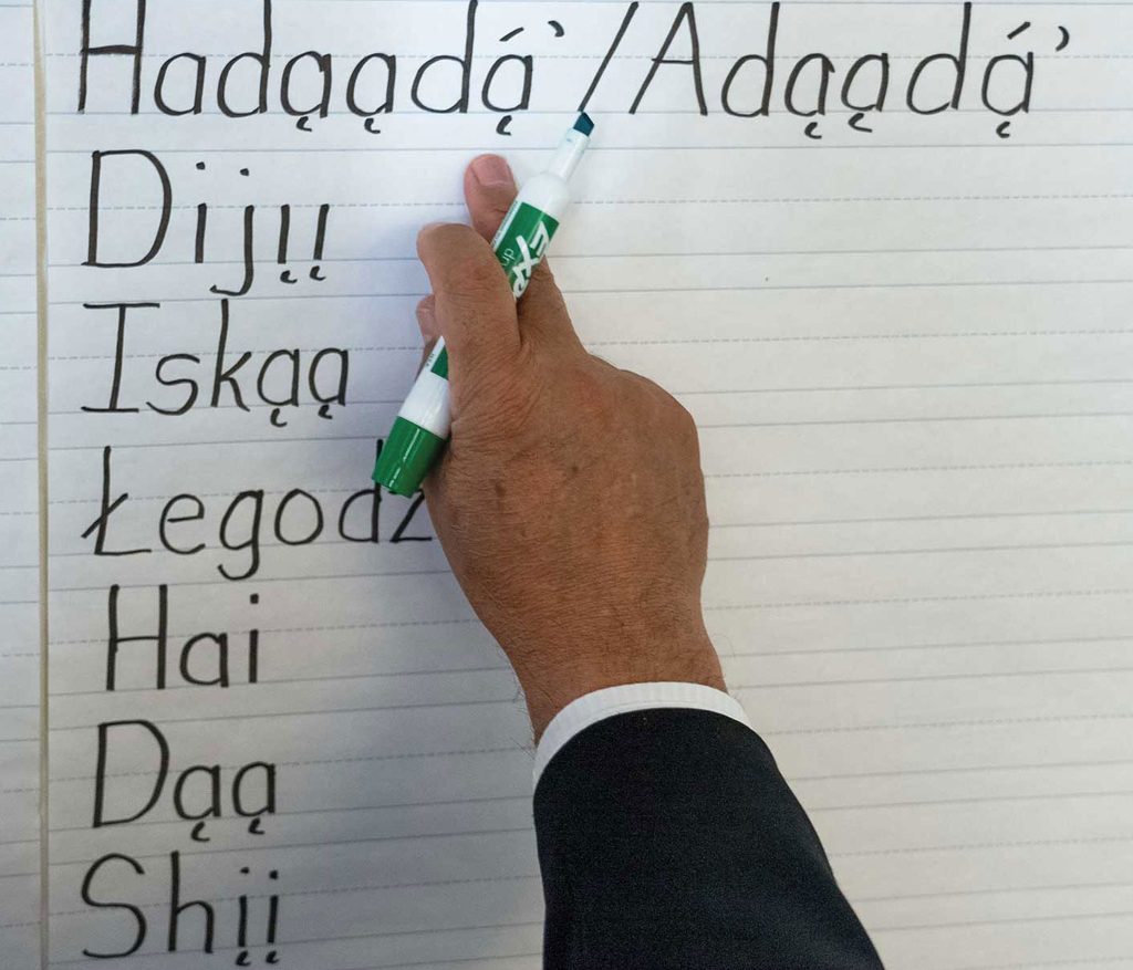 hand points to Apache words on a large pad of paper