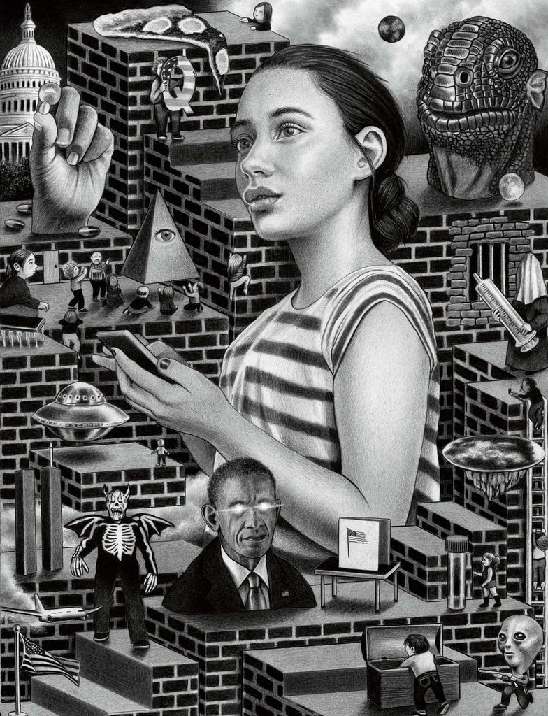 black-and-white illustration features a woman holding a smartphone among various symbolic elements, including an eye pyramid, robot, UFO, U.S. Capital building, a fish-headed figure, and a skeletal figure.
