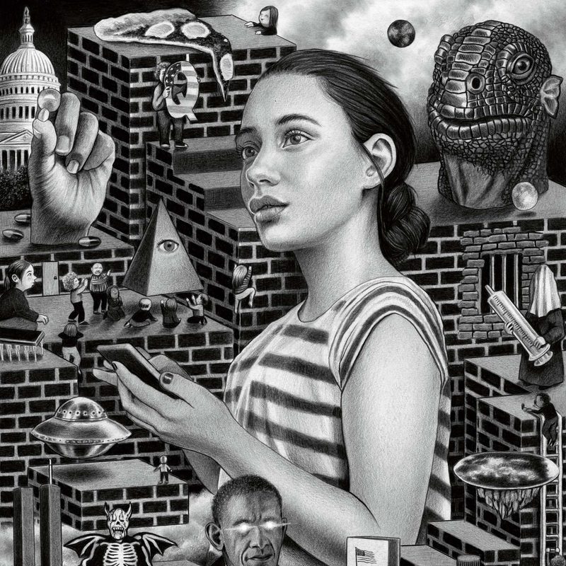 Illustration of a collage of conspiracy theory images