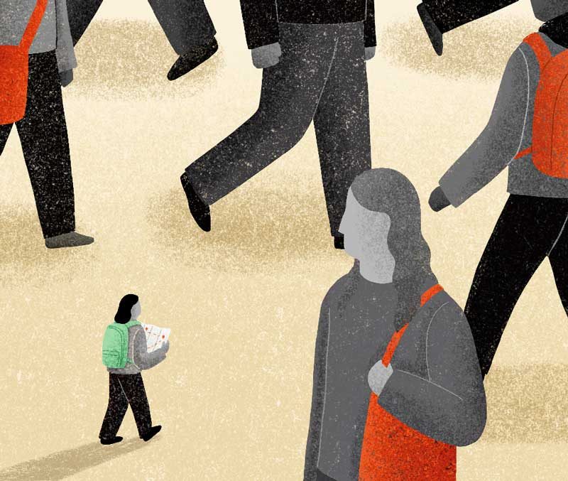 illustration of smaller person with a map walking amongst larger people