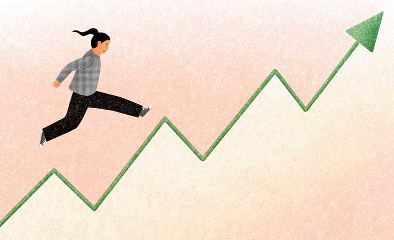 Illustration of person jumping along an upward trending graph line