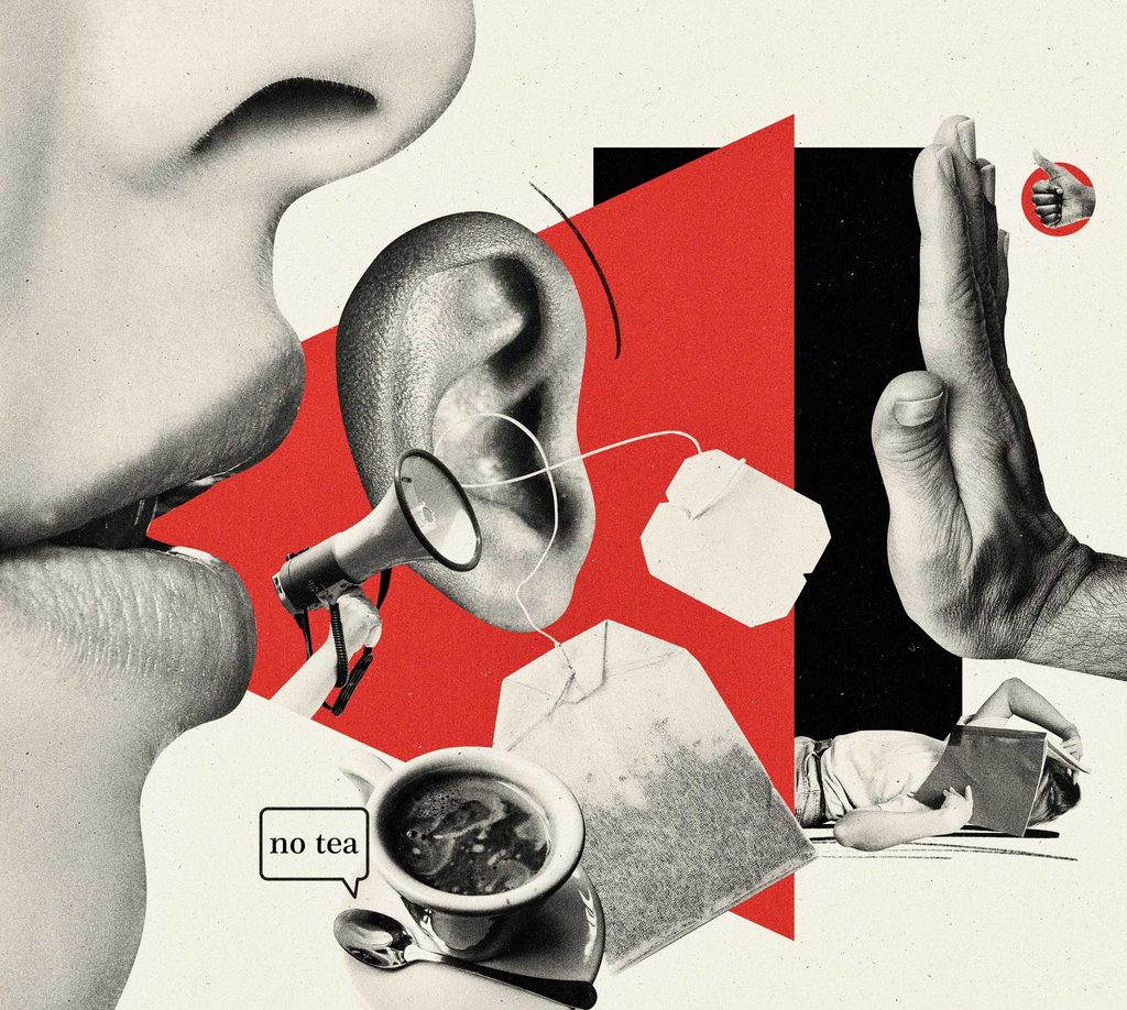 Collage of fragmented images featuring a person's ear, coffee cup and tea bag, megaphone , set of lips, and a hand help up in protest