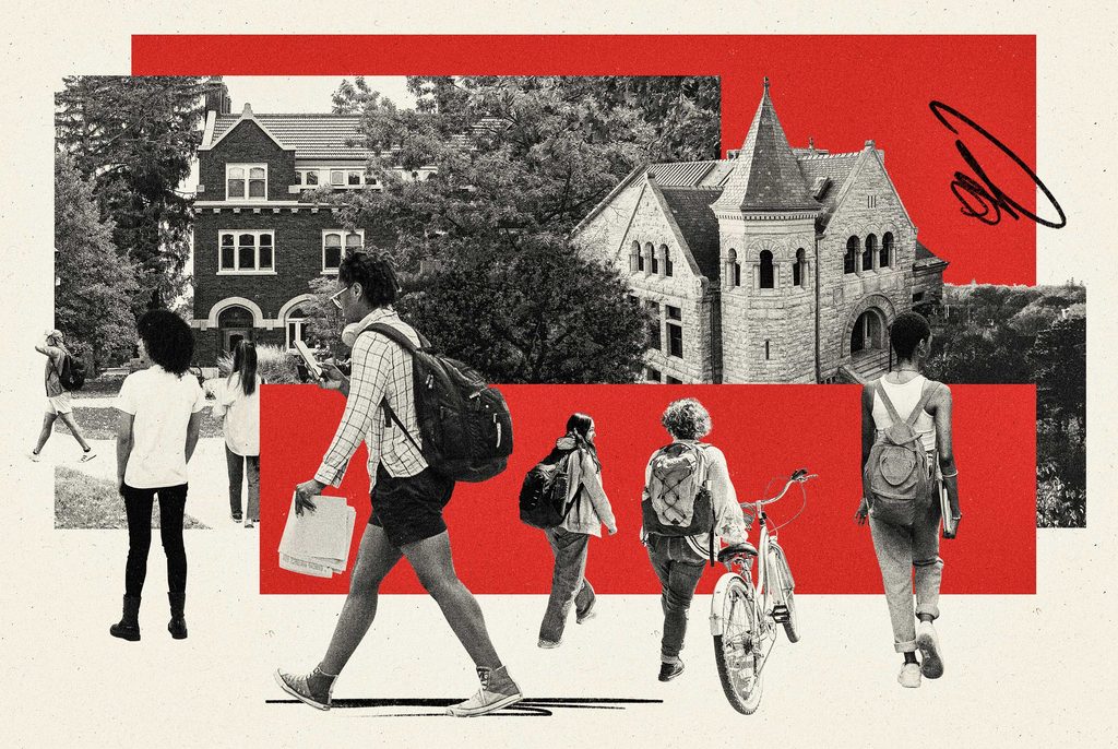 Collage of fragmented images featuring students walking and campus buildings