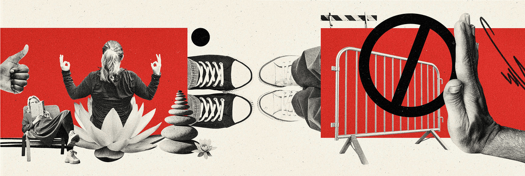 Collage of fragmented images featuring shoes, stacked rocks, person meditation, person reading on one half, and protesting hand, "no" sign, barricades, and shoes on the other half