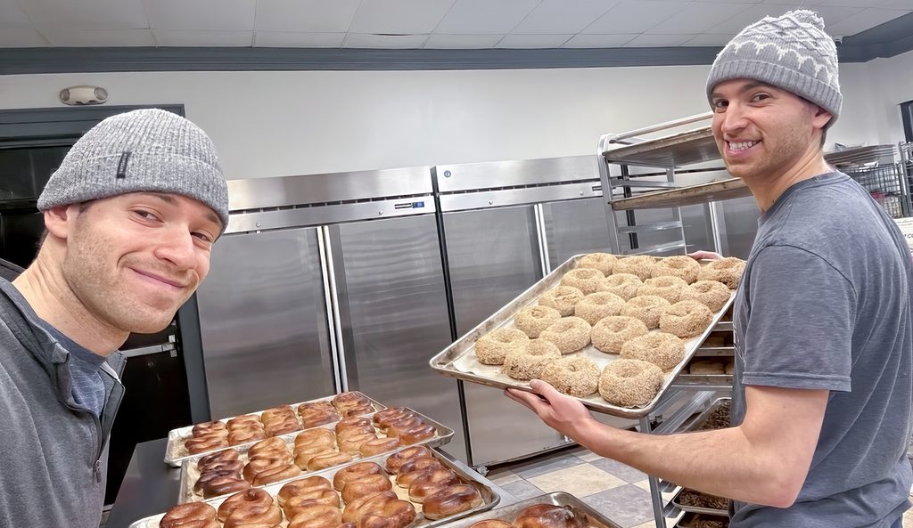 jacob small ’22 and josh small ’20 making bagels