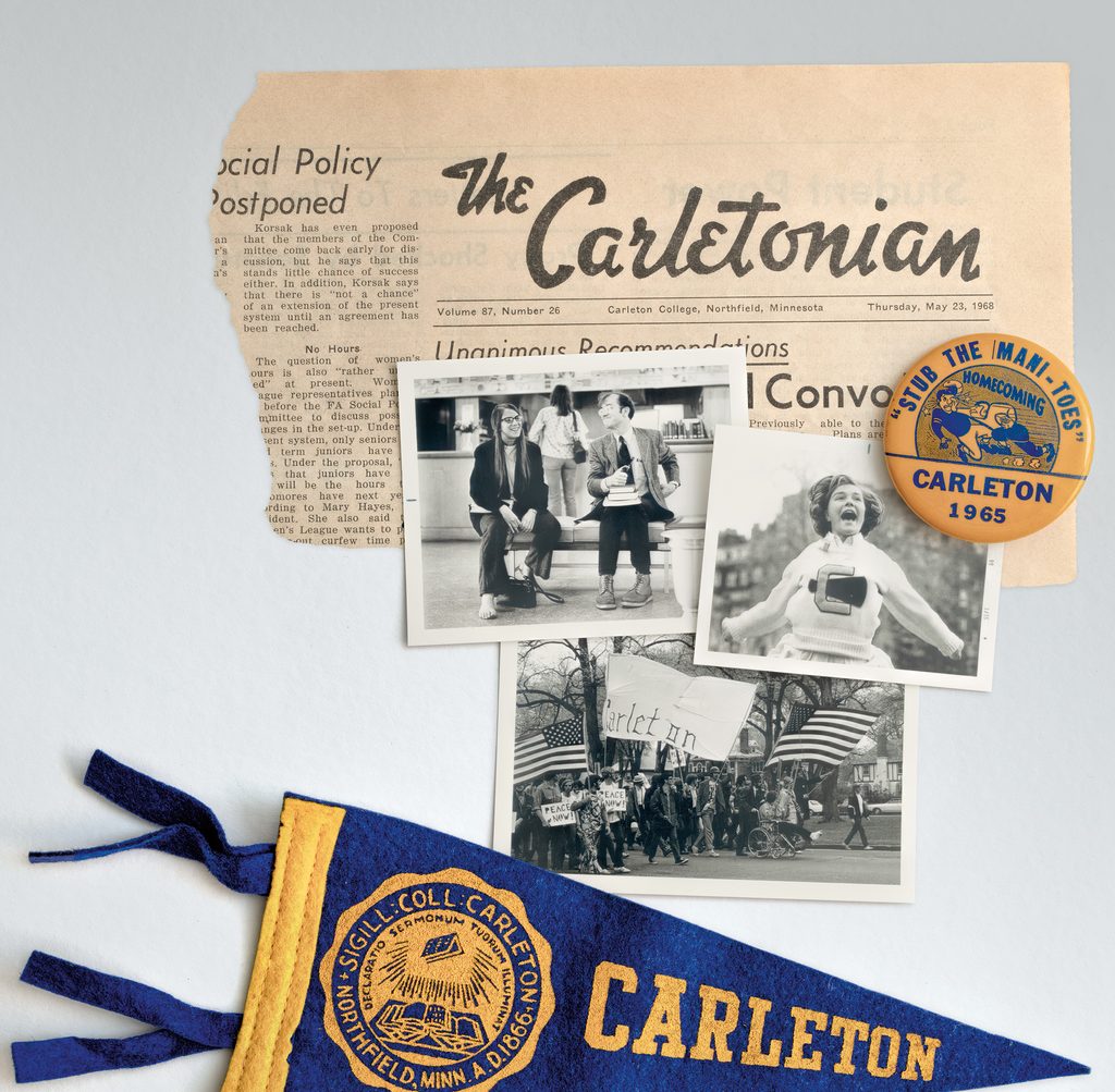 collage of vintage photos, Carletonian newspaper clipping and carleton pennant
