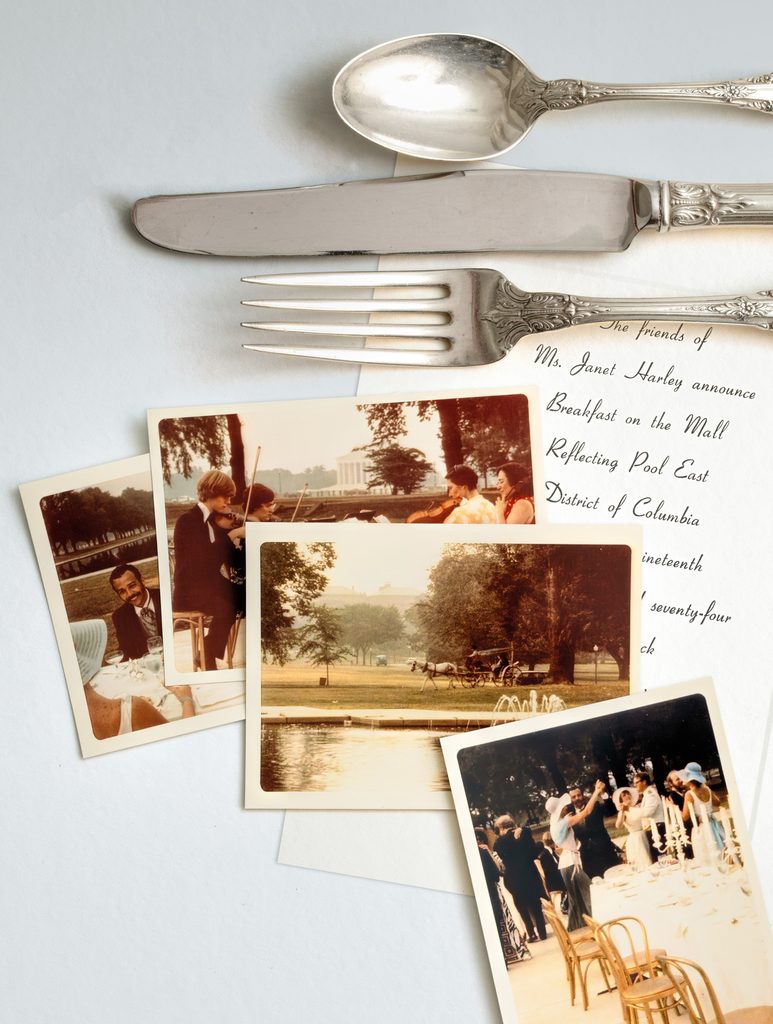 A collection of items related to the "breakfast on the mall" event, including a silver fork, an invitation, and snapshots