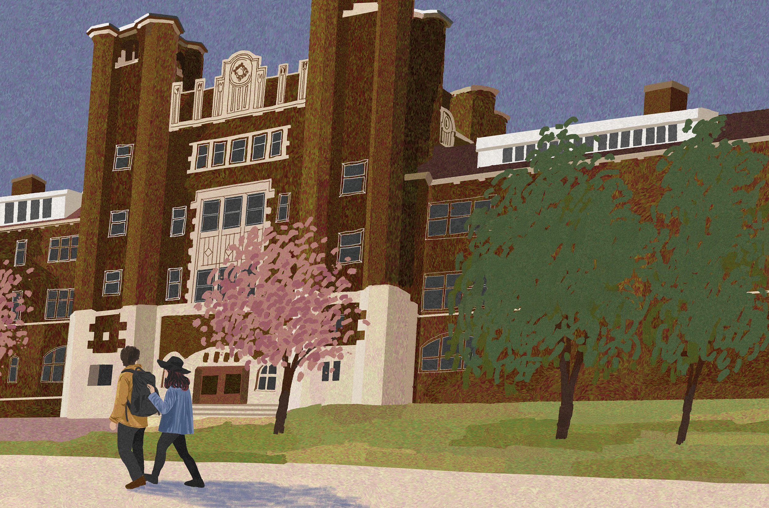 Illustration of two people walking past Burton Hall in springtime