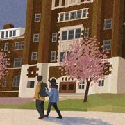 Illustration of two people walking past Burton Hall in springtime