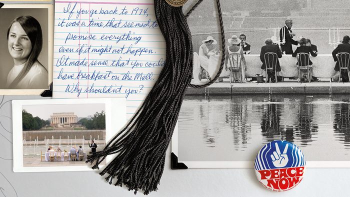 1970s scrapbook showing photos, notes, a "peace now" button, and a graduation tassel