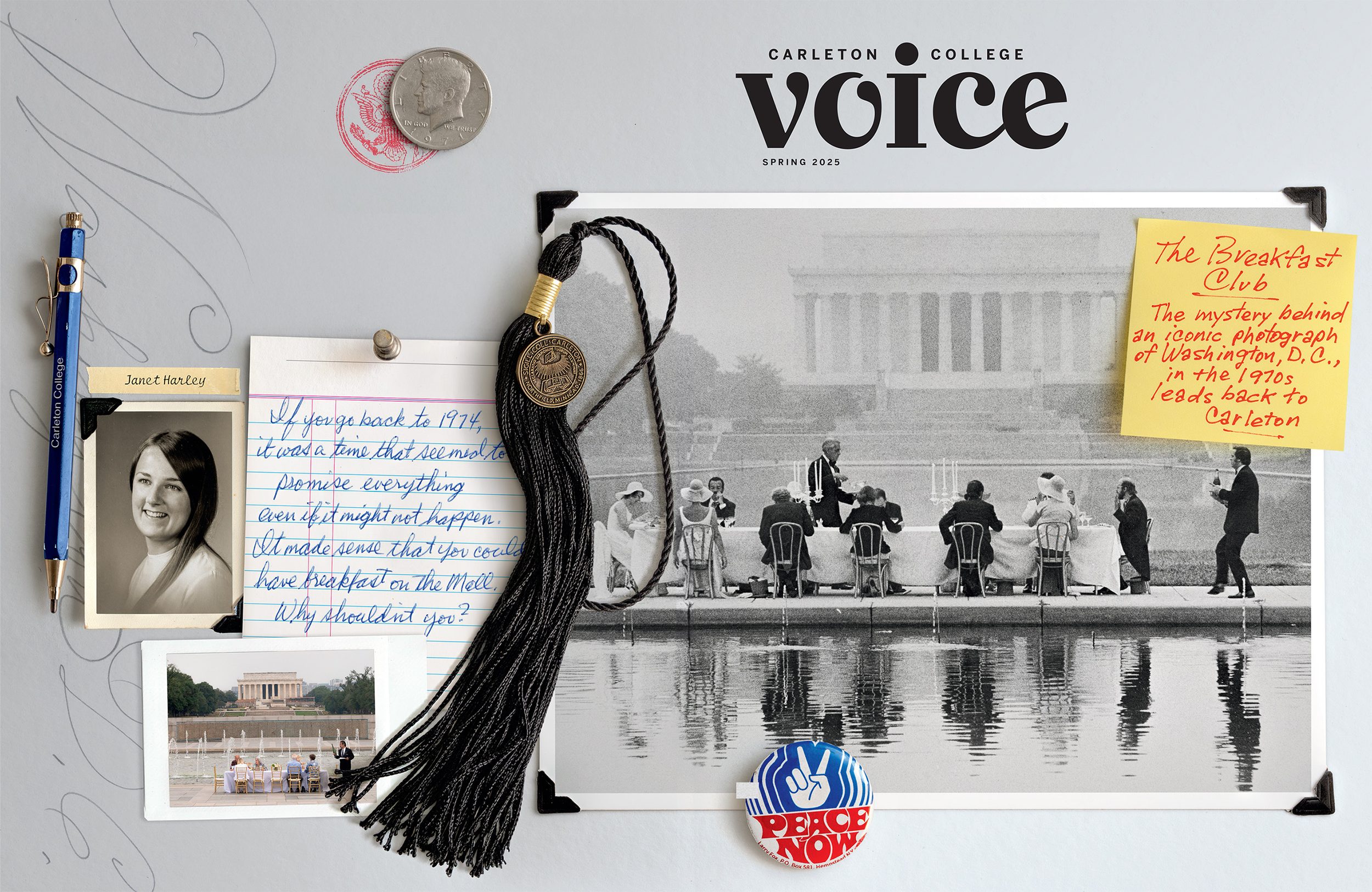 Front and back cover of the Spring 2025 issue of the Voice — a collage of objects showing photos, notes, a Kennedy silver dollar, a "peace now" button, and a graduation tassel