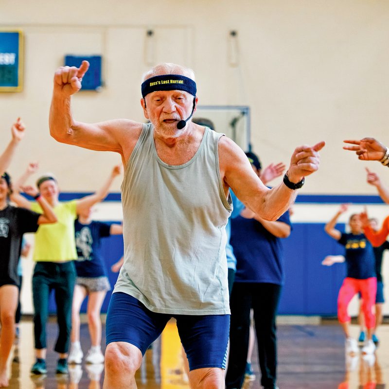 Carleton staffer Russ Petricka leads an aerobics class
